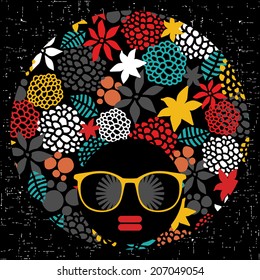 Black head woman in retro glasses. Vector illustration. 