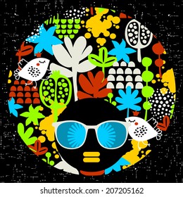 Black head woman in retro sunglasses. Vector illustration. 
