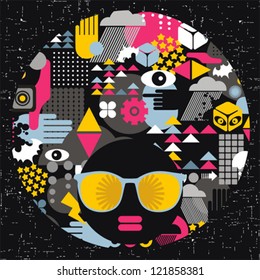 Black head woman with strange pattern hair. Vector illustration.