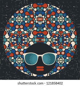 Black head woman with strange pattern hair. Vector illustration.