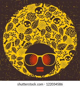 Black head woman with strange pattern hair. Vector illustration.