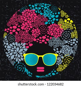 Black head woman with strange pattern hair. Vector illustration.