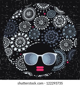 Black head woman with strange pattern hair. Vector illustration.
