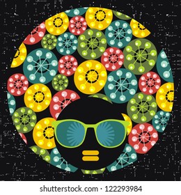 Black head woman with strange pattern hair. Vector illustration.