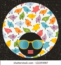 Black head woman with strange pattern hair. Vector illustration.