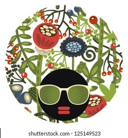 Black head woman with strange pattern hair. Vector illustration.