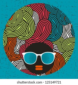 Black head woman with strange pattern hair. Vector illustration.