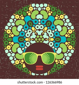 Black head woman with strange pattern hair. Vector illustration.