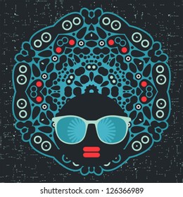 Black head woman with strange pattern hair. Vector illustration.