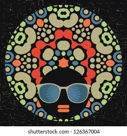 Black head woman with strange pattern hair. Vector illustration.