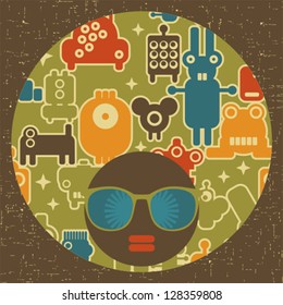 Black head woman with strange pattern hair. Vector illustration.