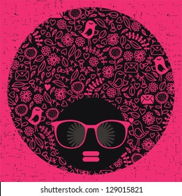 Black head woman with strange pattern hair. Vector illustration.