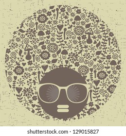 Black head woman with strange pattern hair. Vector illustration.