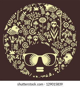 Black head woman with strange pattern hair. Vector illustration.