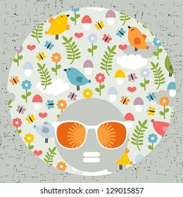 Black head woman with strange pattern hair. Vector illustration.