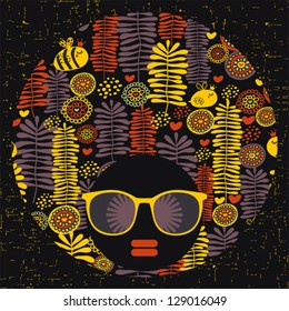 Black head woman with strange pattern hair. Vector illustration.
