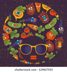 Black head woman with strange pattern hair. Vector illustration.