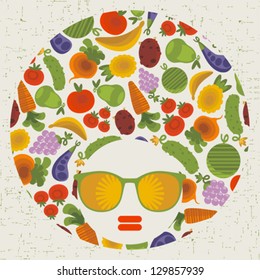 Black head woman with strange pattern hair. Vector illustration.