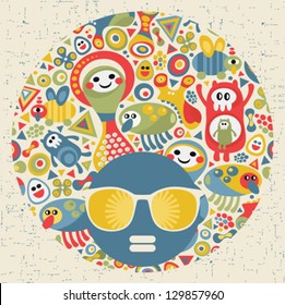 Black head woman with strange pattern hair. Vector illustration.