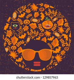 Black head woman with strange pattern hair. Vector illustration.