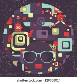 Black head woman with strange pattern hair. Vector illustration.