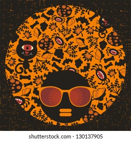 Black head woman with strange pattern hair. Vector illustration.