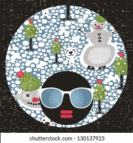 Black head woman with strange pattern hair. Vector illustration.