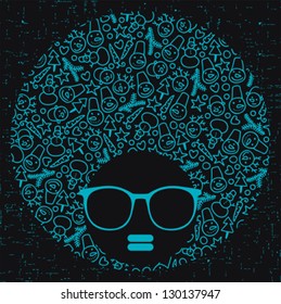 Black head woman with strange pattern hair. Vector illustration.