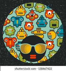Black head woman with strange pattern hair. Vector illustration.