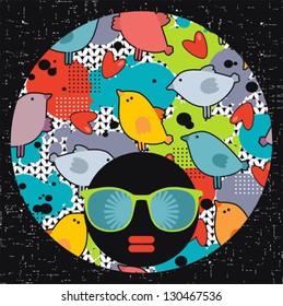 Black head woman with strange pattern hair. Vector illustration.