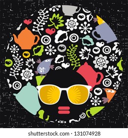 Black head woman with strange pattern hair. Vector illustration.