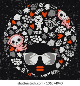 Black head woman with strange pattern hair. Vector illustration.