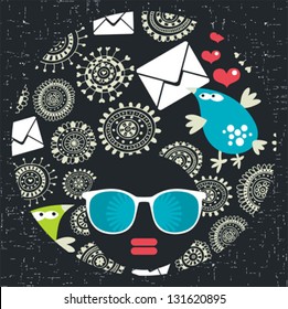 Black head woman with strange pattern on her hair. Vector illustration.