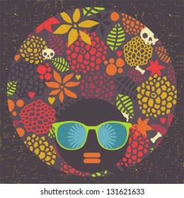 Black head woman with strange pattern on her hair. Vector illustration.
