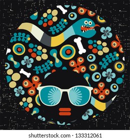 Black head woman with strange pattern on her hair. Vector illustration.
