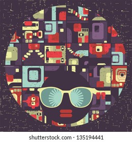 Black head woman with strange pattern on her hair. Vector illustration.