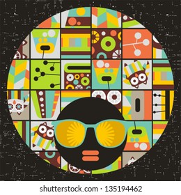 Black head woman with strange pattern on her hair. Vector illustration.