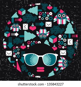 Black head woman with strange pattern on her hair. Vector illustration.