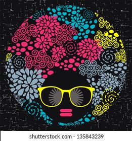 Black head woman with strange pattern on her hair. Vector illustration.