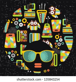Black head woman with strange pattern on her hair. Vector illustration.