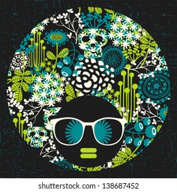 Black head woman with strange pattern on her hair. Vector illustration. 