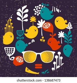 Black head woman with strange pattern on her hair. Vector illustration. 
