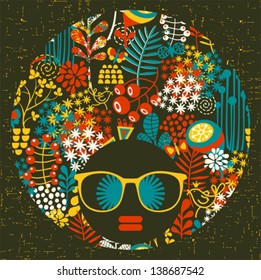Black head woman with strange pattern on her hair. Vector illustration. 