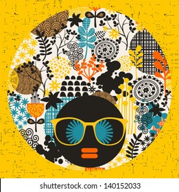 Black head woman with strange pattern on her hair. Vector illustration.