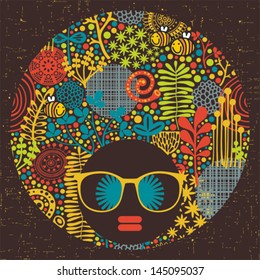 Black head woman with strange pattern on her hair. Vector illustration.