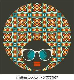 Black head woman with strange pattern on her hair. Vector illustration.