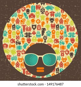 Black head woman with strange pattern on her hair. Vector illustration.