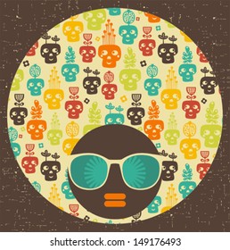 Black head woman with strange pattern on her hair. Vector illustration.