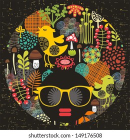 Black head woman with strange pattern on her hair. Vector illustration.