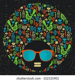 Black head woman with strange pattern on her hair. Vector illustration.